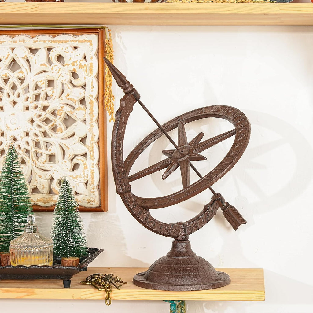 Vintage Cast Iron Armillary Sundial,14.3in Tall & Antique Brown