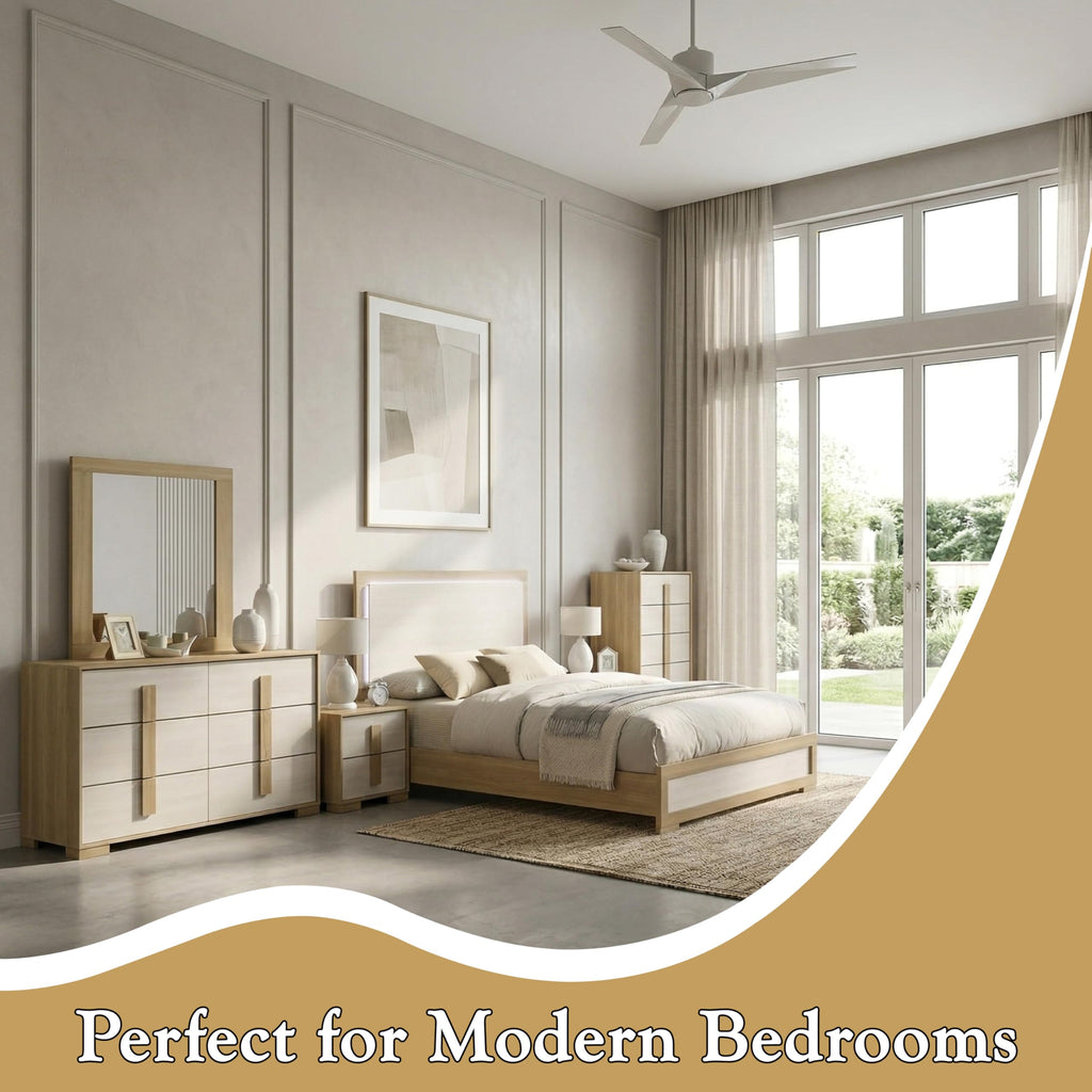 6-Piece Natural/White Bedroom Set - Bed with LED Lights, Dresser, Mirror, Chest and 2 Nightstands (Queen)