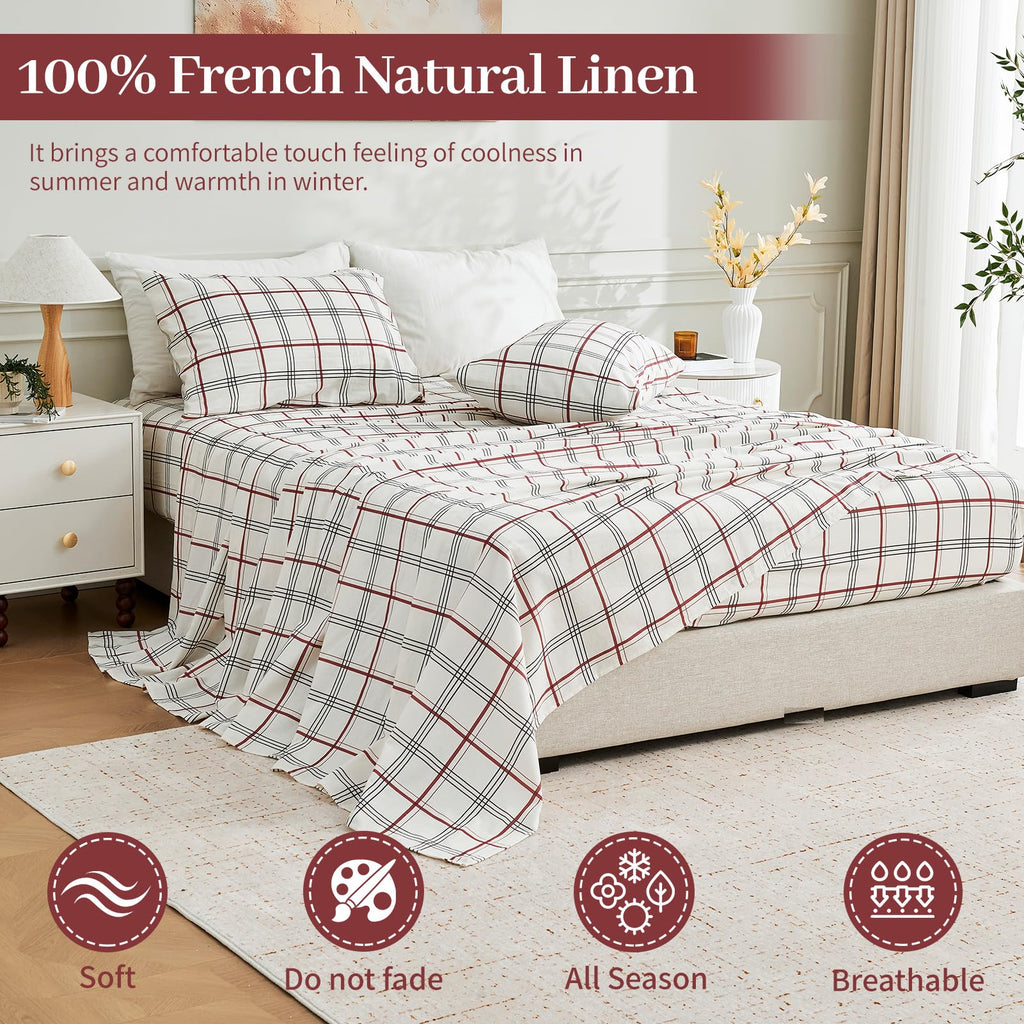 100% French Pure Linen Sheets - Bed Sheets 4 Piece Sets, Soft Durable Flax Linen, Anti-Tear Breathable