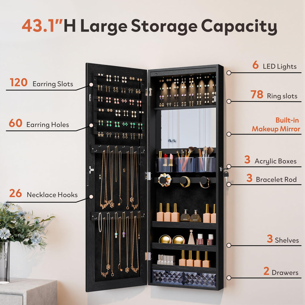 Mirror Jewelry Cabinet, Lockable Wall or Door Mounted Jewelry Armoire Organizer With Built-up Mirror, LED Lights