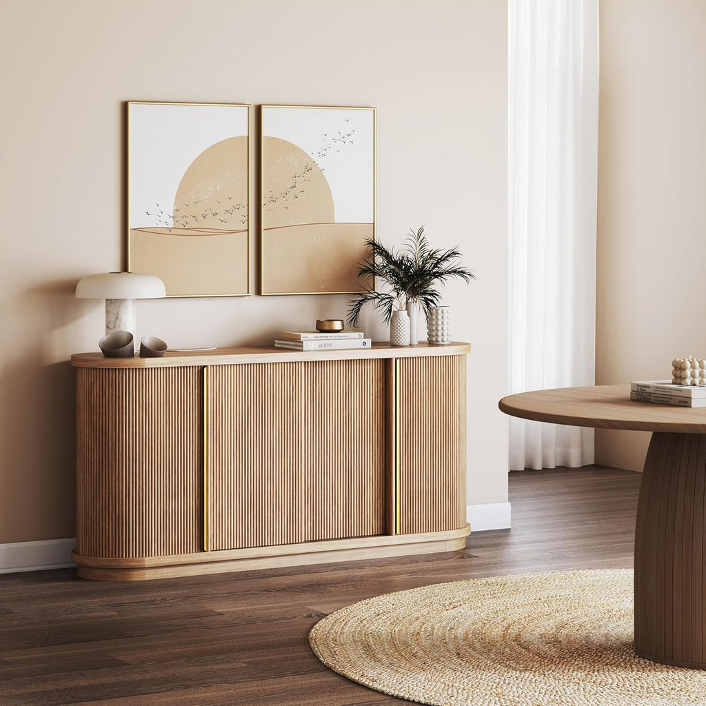 Turin 67" Sideboard Buffet Cabinet-Camel | Modern Style,Fluted Wood Sliding Tambour Door,Oval Curved,Gold