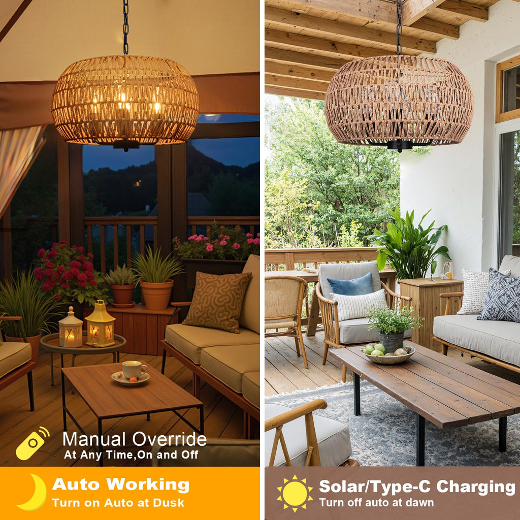 Outdoor Solar Chandelier, 4-Light 19" Rattan Outdoor Chandelier, Hanging Pendant Lights, Waterproof, for Gazebo