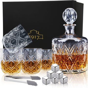 Lead-Free Crystal Whiskey Decanter Set, 37 oz, 4 Glasses, Premium Gift Box for Bourbon, Scotch & Home Bar