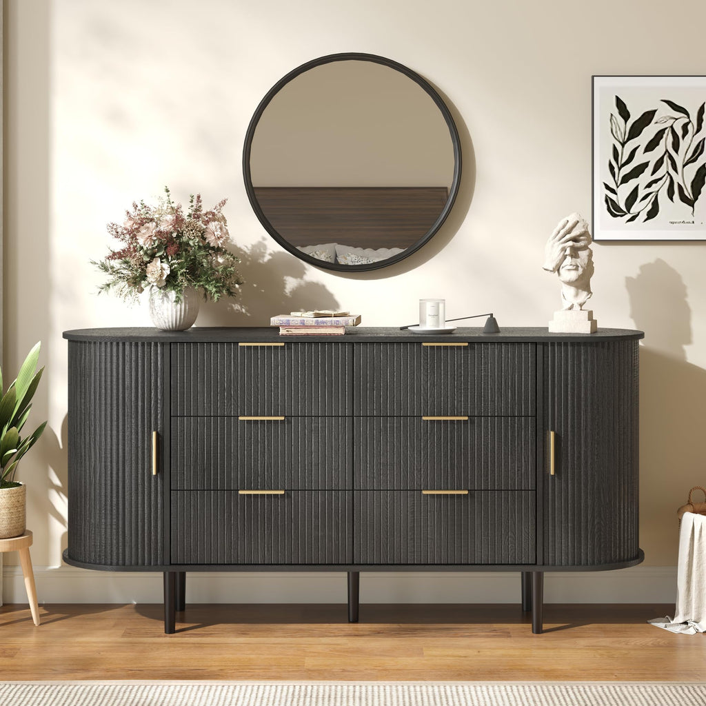 Fluted 6 Drawer Dresser, 63" Wide Modern Chest of Drawers with Gold Metal Handles, Curved Edge Design, Wood Storage