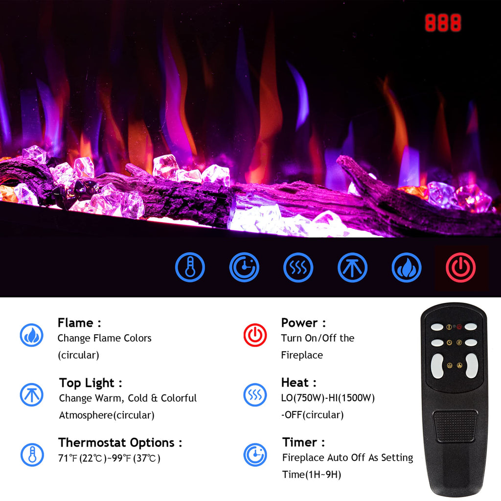74 inch Electric Fireplace, Smart Fireplace Insert recessed in Wall and Wall Mounted fire Place Heater with Metal