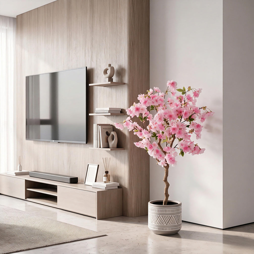 4FT Artificial Cherry Blossom Tree, Pink Faux Flower Tree in Pot