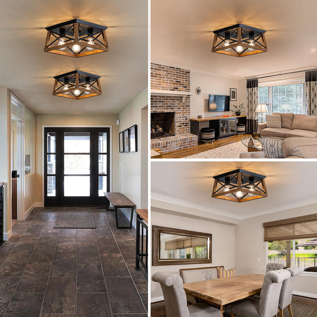 4-Light Famrhouse Light Fixture, Rustic Ceiling Light with Wood and Metal Frame, Farmhouse Flush Mount Ceiling Light