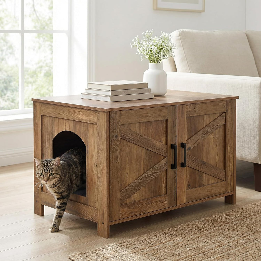 31.5" L Cat Litter Box Enclosure with Barn Door, Rustic Walnut
