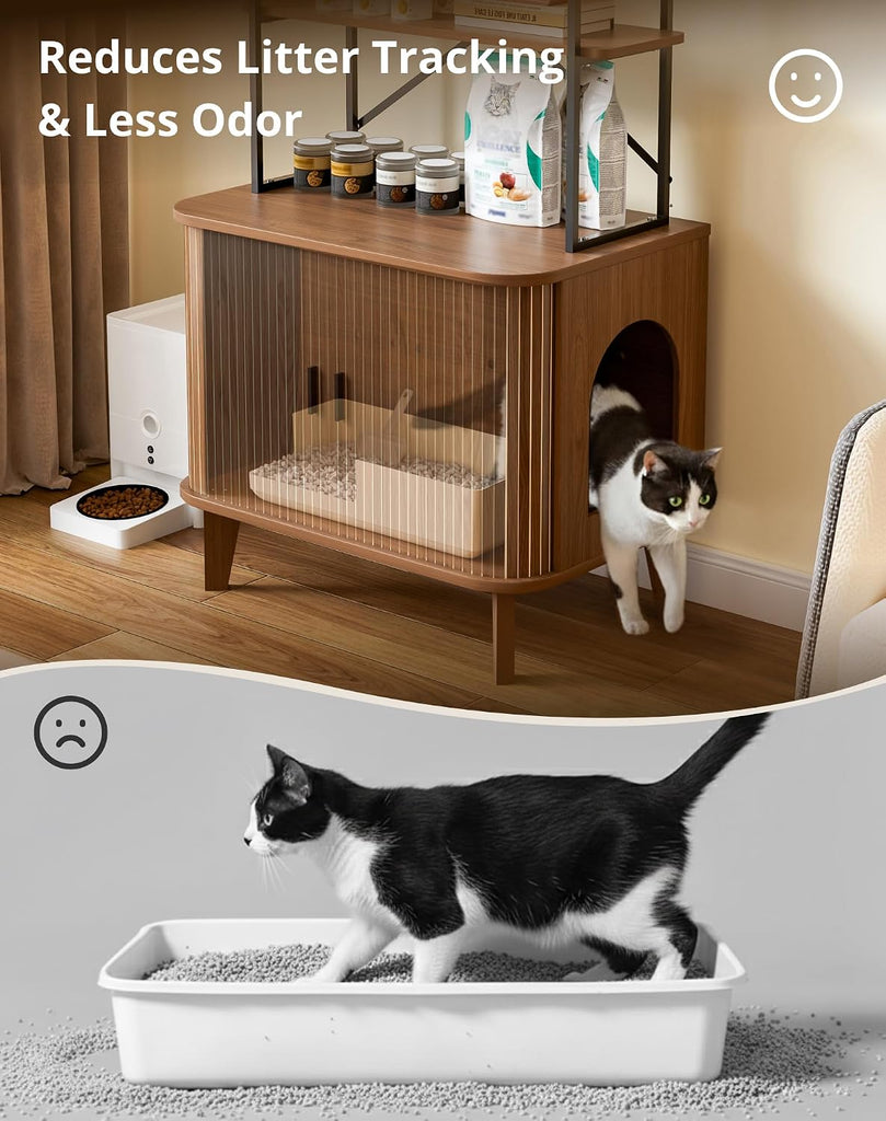 66" Cat Litter Box Enclosure, Hidden Litter Box Furniture with Shelves, Wooden Cat Washroom and Pet House with Sliding