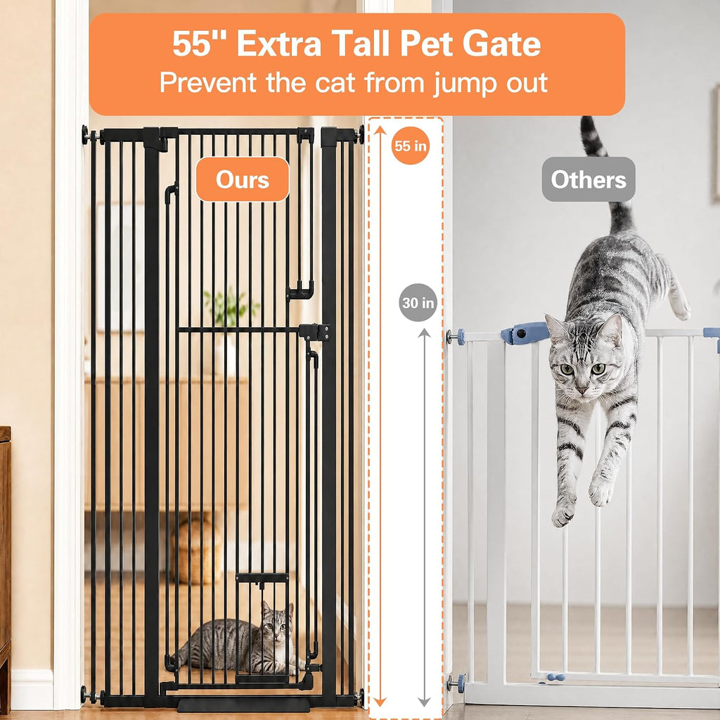 55" Extra Tall Cat Gate 31.5"-42.5" Wide Pet Gate Indoor Black