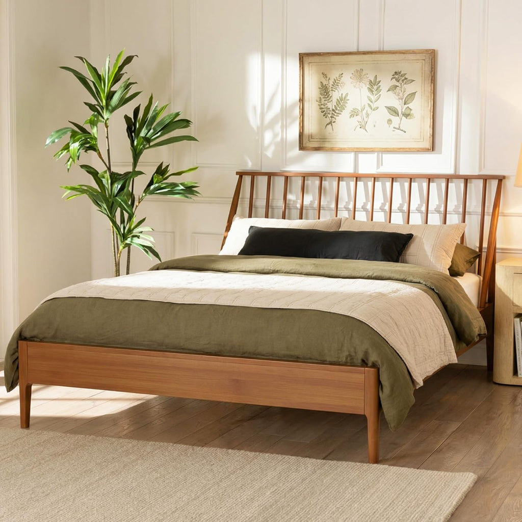 Queen Solid Bamboo Wood Spindle Platform Bed with 46.5" Tall Headboard, Bohemian Bed Frame with Wooden Slats and