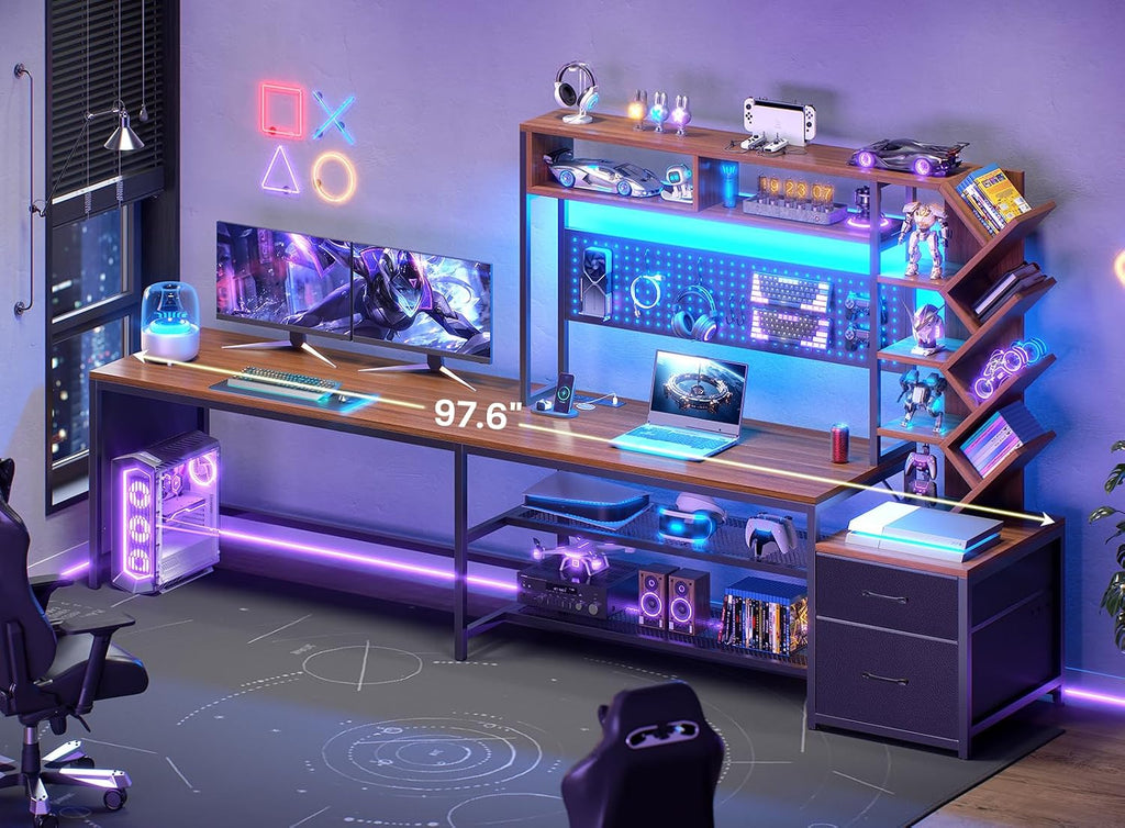 L Shaped Office Desk with Drawers and Hutch, Convertible 97.6" Double Computer Desk, Corner Gaming Desk with Storage