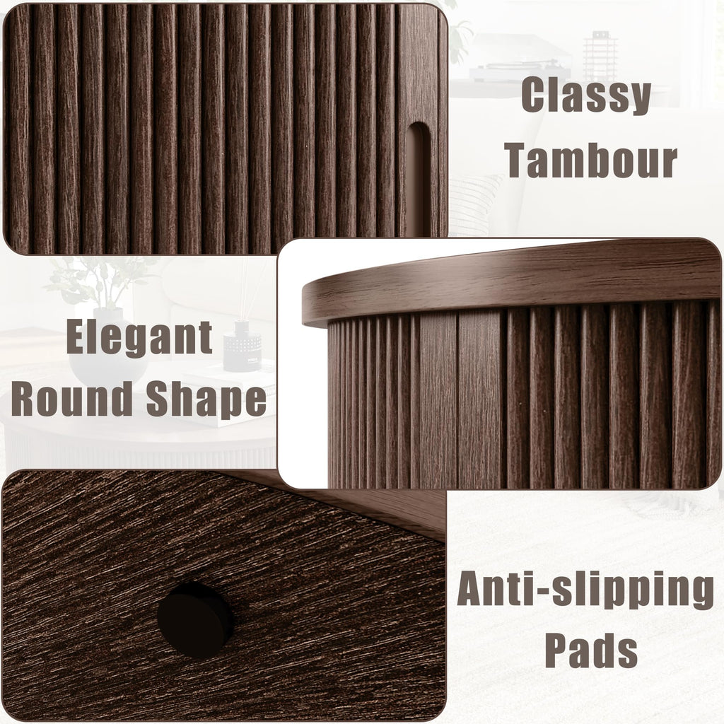 Round Coffee Table, 31.5" Drum Coffee Table with Sliding Tambour Door, Fluted Accent Center Table with Storage, Mid