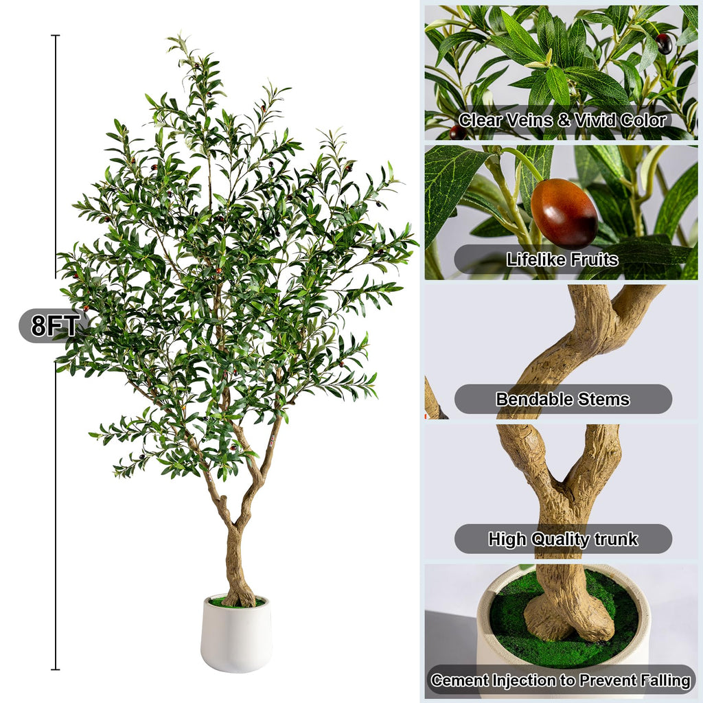 8FT Faux Olive Tree with Tall Exquisite Planter Artificial Olive Tree Tall, Potted Fake Olive Plant with 2070 Real