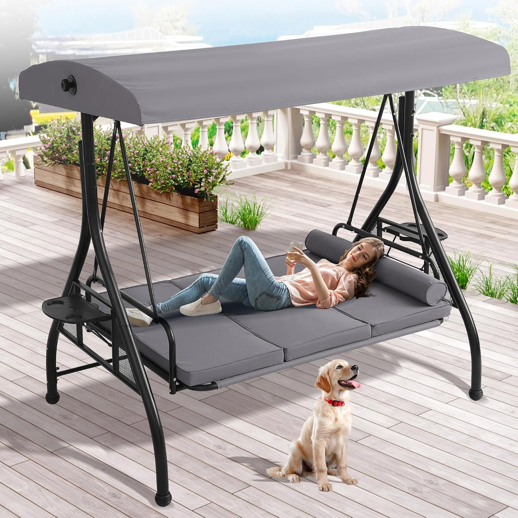 Outdoor Porch Swing with Canopy and Stand, 3 Person Patio Swing for Adults, Convertible 2 in 1 Porch Bed Swing with
