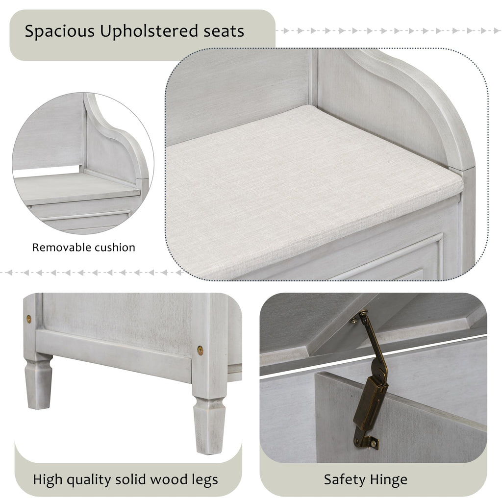 Rustic Entry Storage Bench with Hidden Compartments and Removable Cushion, Wooden Entryway Hallway Foyer Shoe Bench