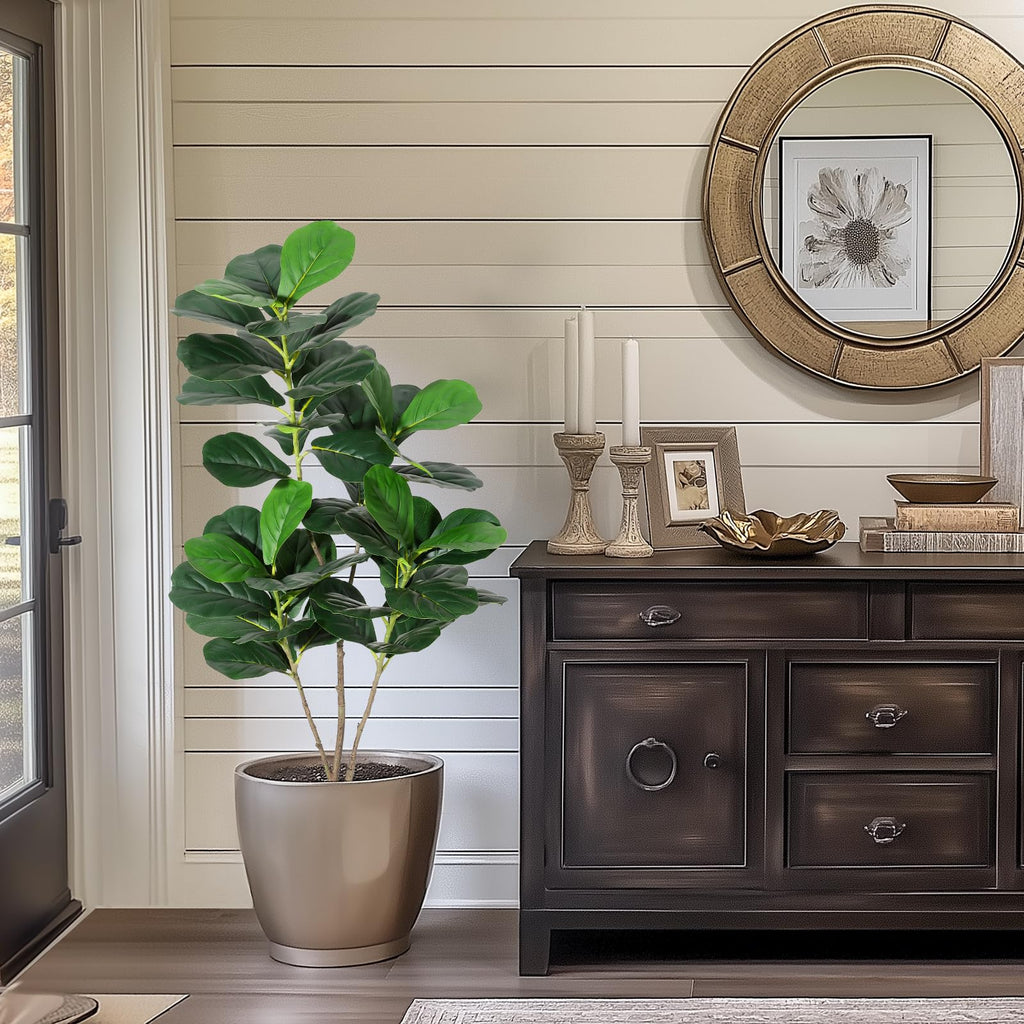 4FT Fiddle Fig Artificial Tree Faux Floor Plant with Black Planter Pot, Potted Fake Fiddle Fig Tree for Indoor