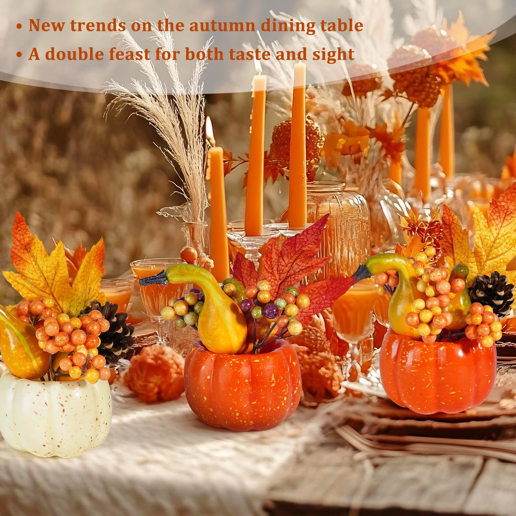 Set of 6 Artificial Pumpkins Decorations, Decorative Orange Pumpkin with Maple Berry Acorn Pine Cone Vegetables for