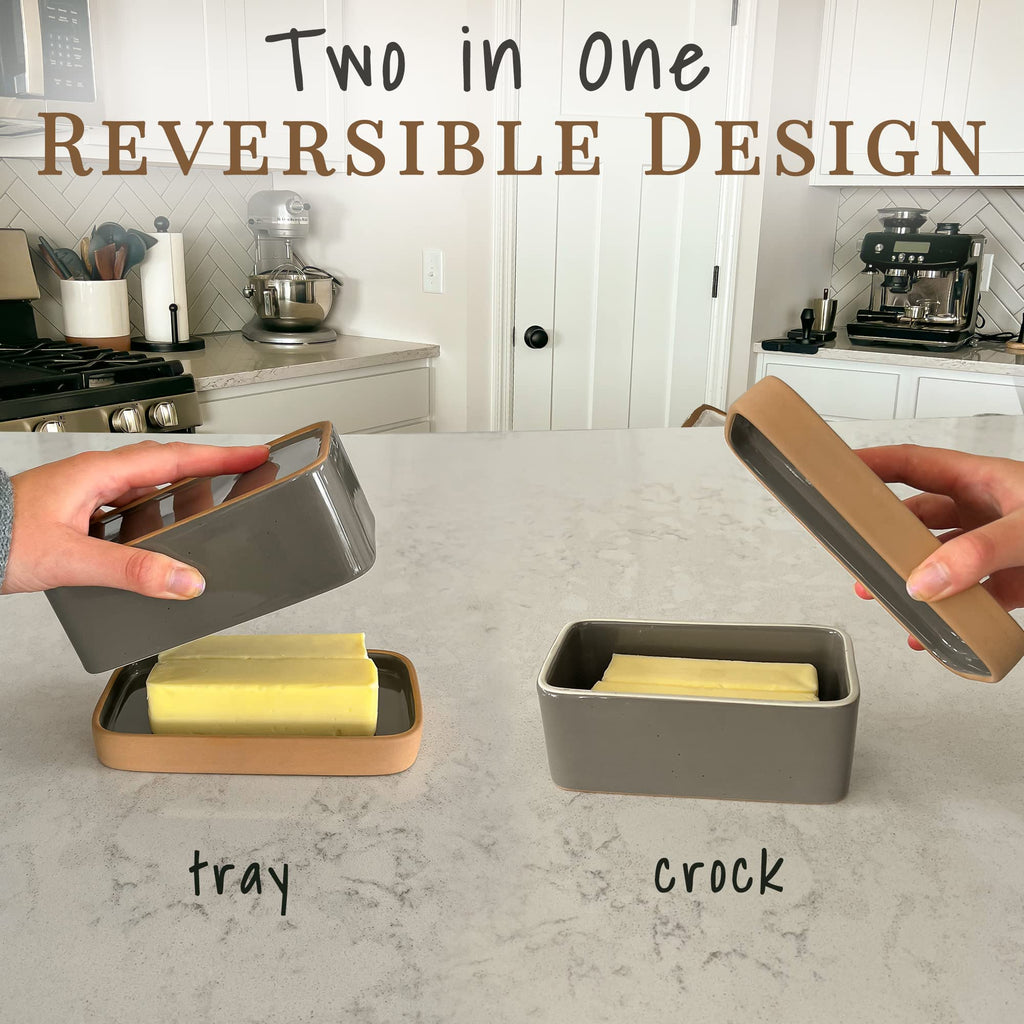 Two-in-One Butter Dish with Lid, Covered Crock Container to Leave on Countertop - Large Storage