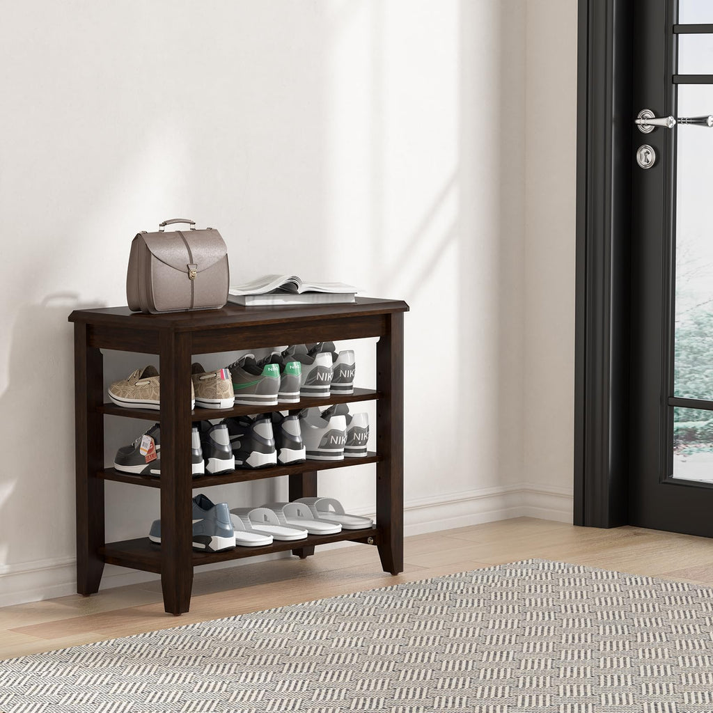 Shoe Bench with 3 Tier Adjustable Shelves Rubberwood Entryway 23.6''