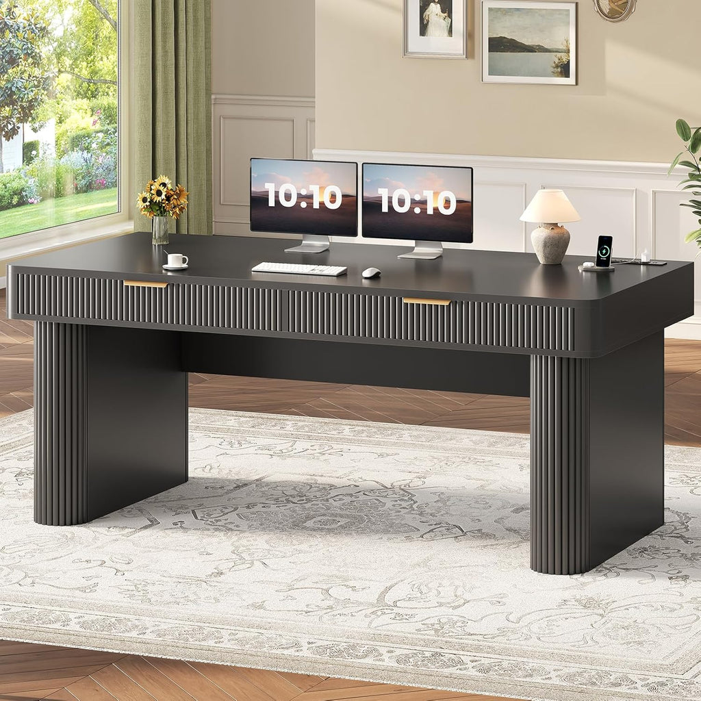 Office Desk with 2 Drawers, 59" Fluted Computer Desk with Storage and Power Strip, Wood Executive Desk, Writing Desk