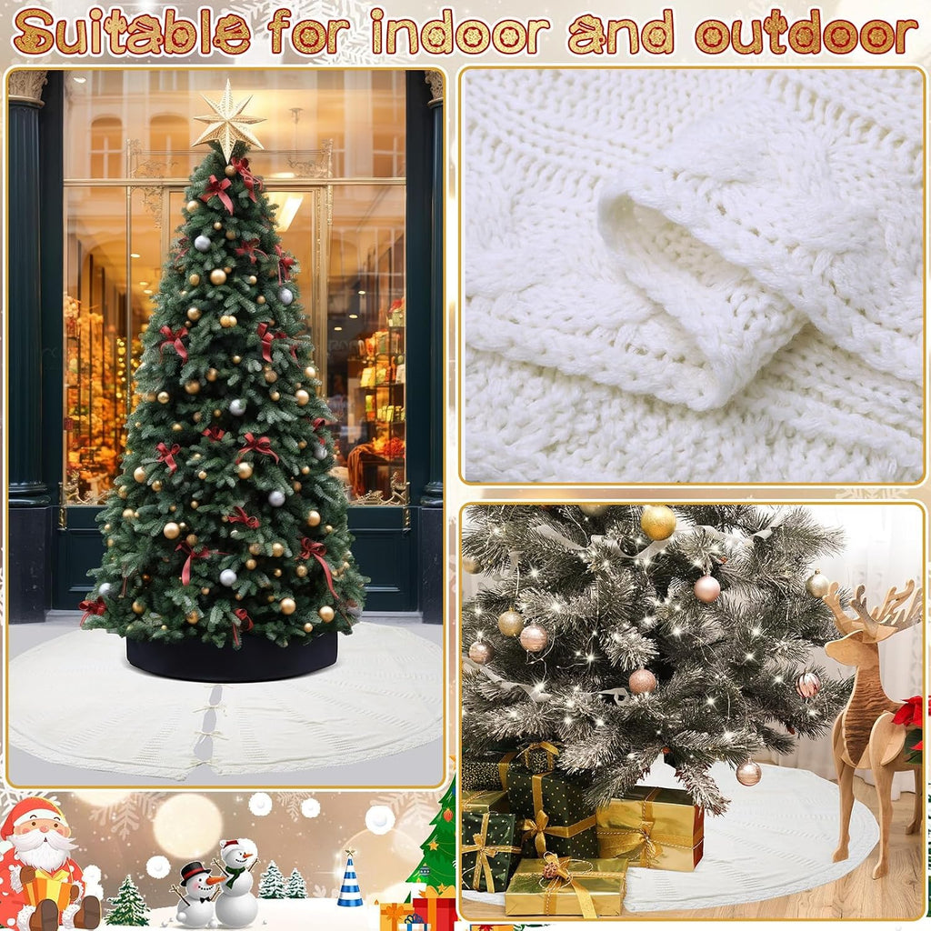 72 Inch Christmas Knitted Tree Skirt Giant White Chunky Xmas Tree Skirt Extra Large Braided Cable Knit Rustic