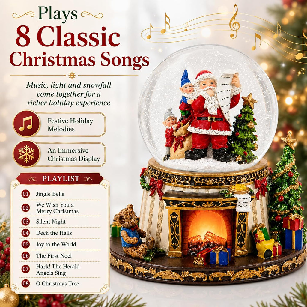 Christmas Snow Globe with Music, Santa Claus Musical Snow Globe with Automatic Snowfall, Lighted Fireplace & 8
