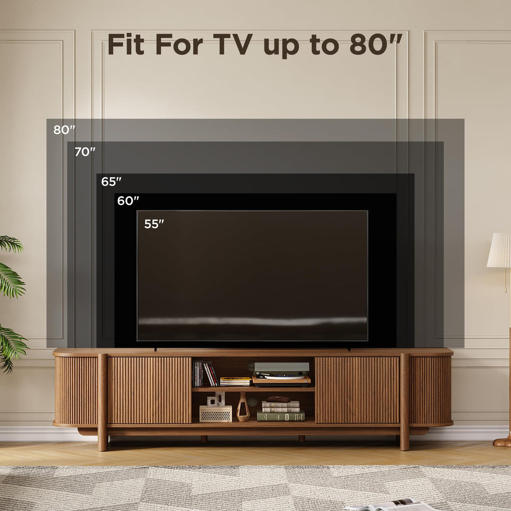 70" Mid Century TV Stand for TVs up to 80 Inch, Fluted Entertainment Center with Storage and Adjustable Shelves, Modern