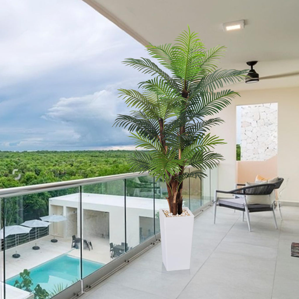Artificial Palm Tree 7FT, Fake Tree with Realistic Fiber Trunks and White Tall Planter, Faux Tropical Areca Floor