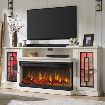 75 Inch Electric Fireplace TV Stand, 3- Side Glass LED Modern Media Entertainment Center Console Table for TVs up to