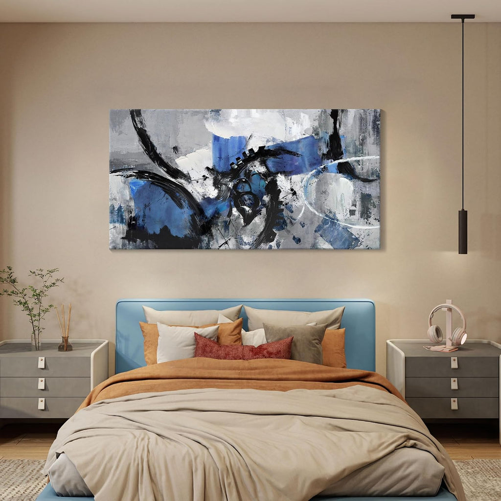 Abstract Canvas Wall Art: Large Wall Art Paintings, Modern, Framed Artwork in Blue and Black -Bedroom, and Office