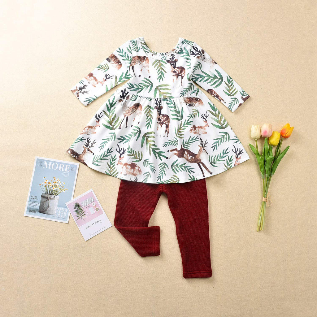 Toddler Little Girls Ruffle Flare Tunic Dress Top Red Leggings Pants Fall Winter Deer Outfit Set Clothes