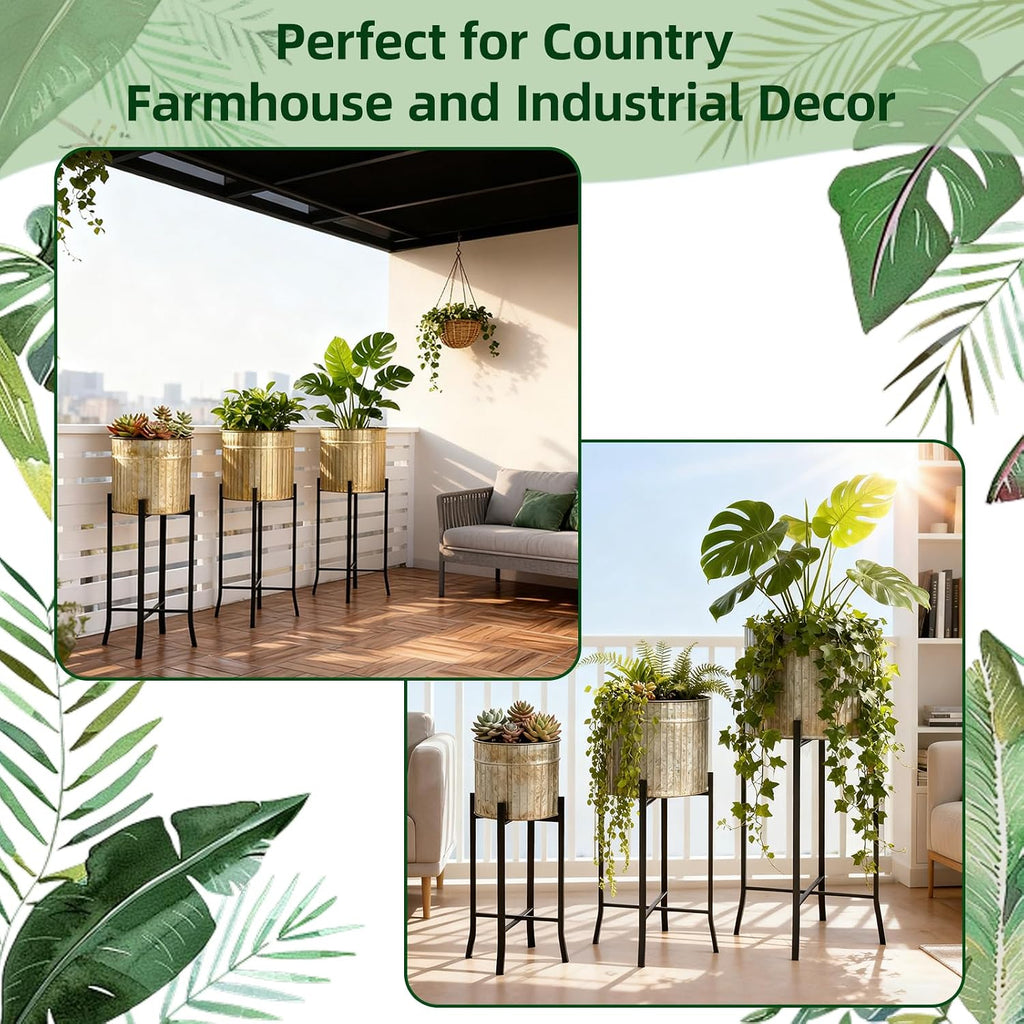 Set of 3 Planters with Stand, 23'' 27'' 37'' H Corrugated Galvanized Planters Pot with Removable Stand Farmhouse