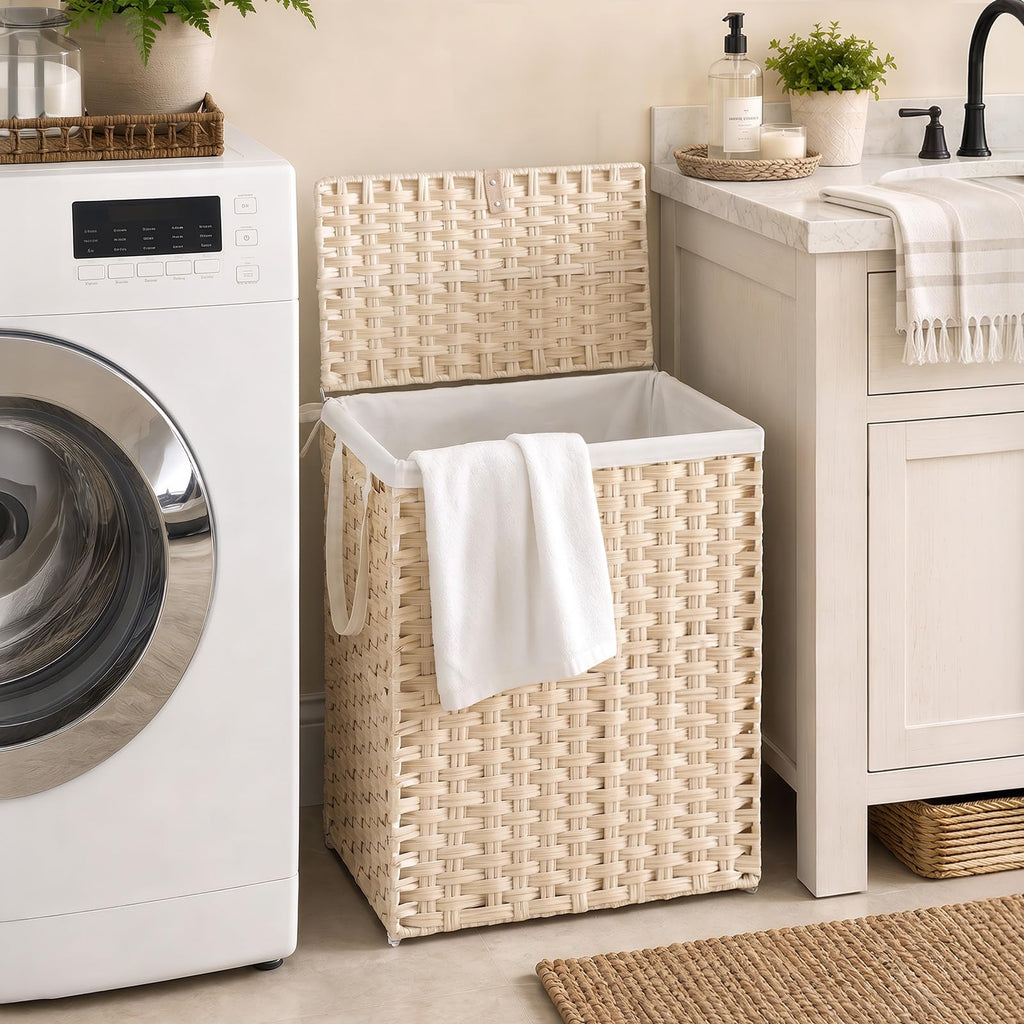 Laundry Basket with Lid, 90L Wicker Laundry Hampers, Summer Sand