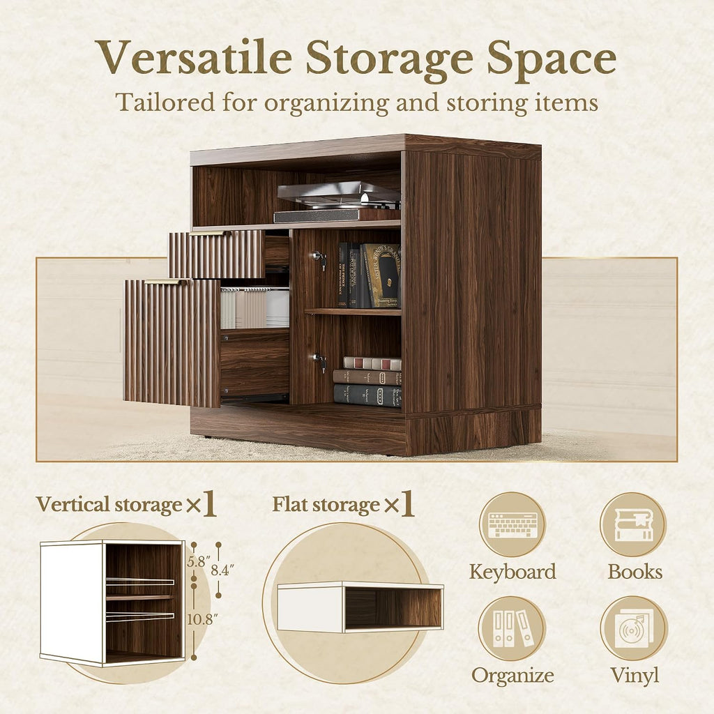 2 Drawer File Cabinet with Lock, Filing Cabinet | Wood Fluted Lateral File Cabinet for Letter/A4 Size, Print Stand