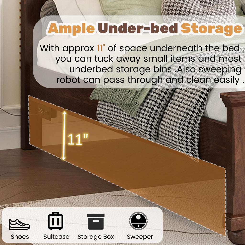 Farmhouse Bed Frame Tall Headboard and Footboard, Pinewood Panel Bed with USB Charging Station and