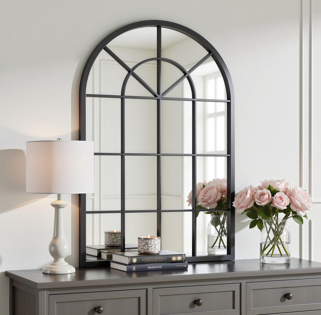 Arched Wall Mirror, 42"x30" Metal Frame Windowpane Mirror, Black