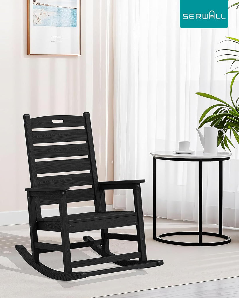 Outdoor Rocking Chair Set of 2, Oversized HDPE Rocker, Black | Heavy Duty Front Porch Rocker with Footrest, all