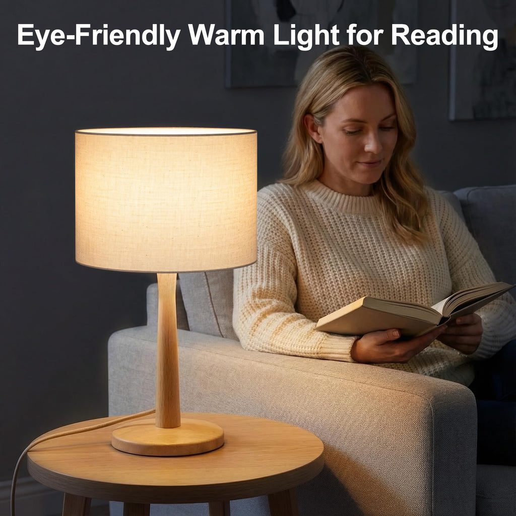 16.3" Natural Wood Table Lamp with Linen Drum Shade, E26 Base, Beige