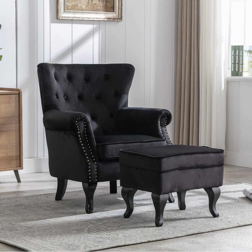 Mid-Century Modern Accent Chair with Ottoman, Comfy Velvet Single Sofa Chair Button Tufted Wingback Armchair with