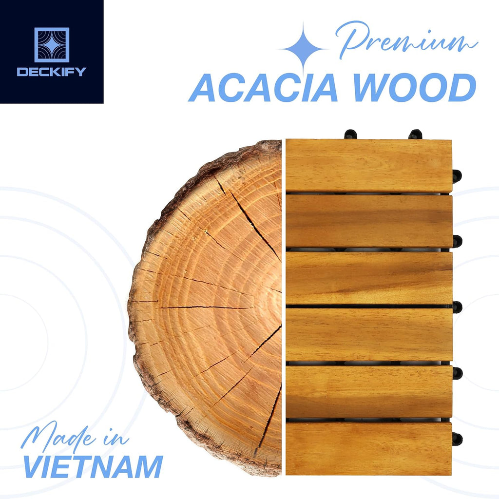 9 Pcs Acacia Wood Interlocking Patio Deck Tiles, 12 x 12 x 0.9 Inch Outdoor Flooring, Waterproof for All-Weather Use