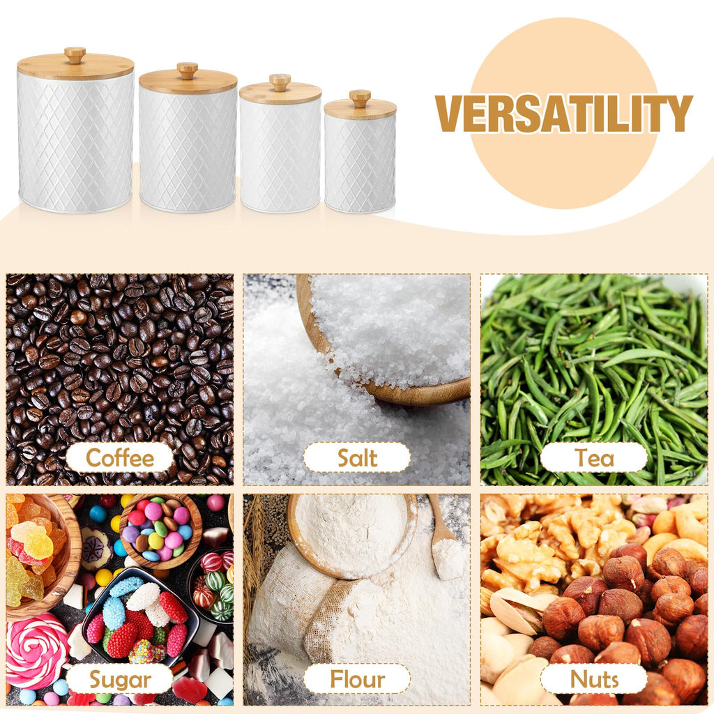 4 Set Black Metal Coffee Canister Set with Bamboo Lid, White, 4 Sizes