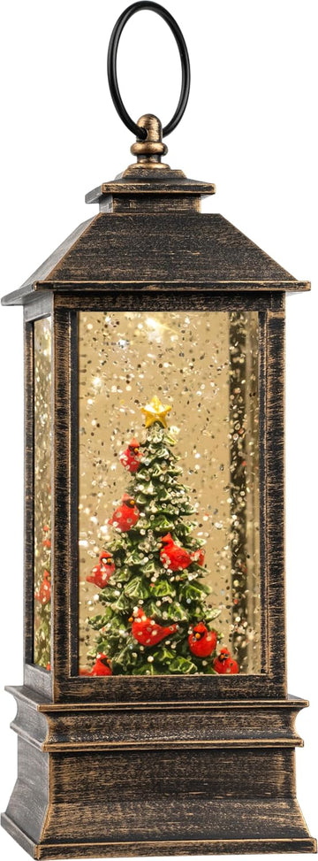 Christmas Snow Globe Lantern Water Glittering Christmas Tree with Music, USB Lined/Battery Operated Lighted Lantern