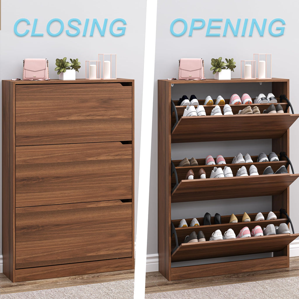 Shoe Cabinet with 3 Flip Drawers, Slim Narrow Shoe Storage Cabinet, Freestanding Shoe Organizer with Adjustable &