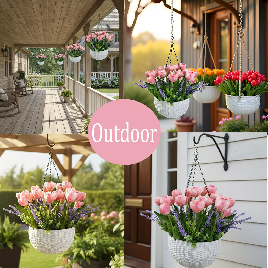 Artificial Flowers Hanging Basket, Pink Tulips