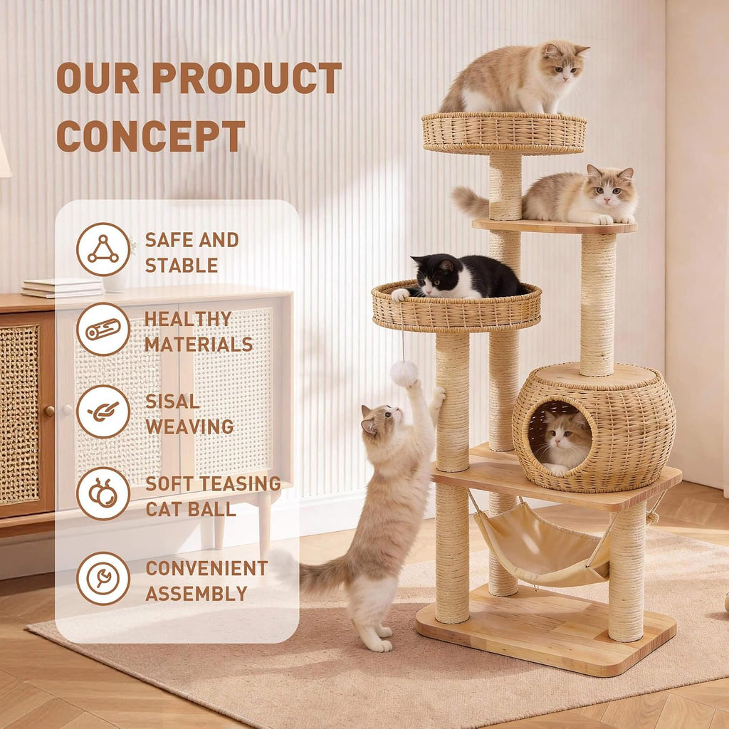 Wooden Cat Tree for Large Indoor Cats, 55in Modern Tall Cat Tower