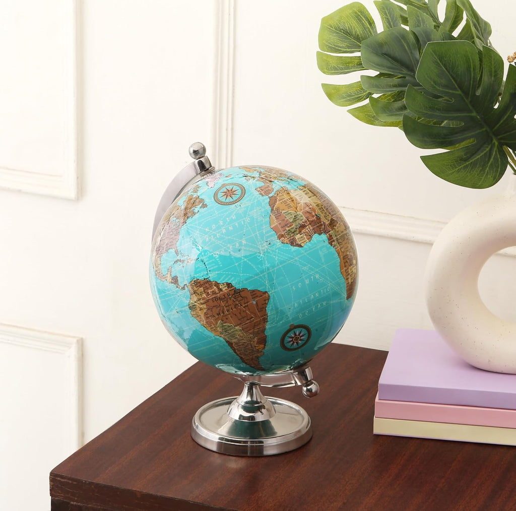 Earth Light Blue Rotating Globe of The World with Silver Stand (NOT PLASTIC!) for Bookcase Shelf Decorative Home Desk