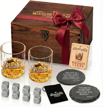 Whiskey Stones Gift Set: with Two 10oz Lead-Free Crystal Whiskey Glasses, 8 Whiskey Stones with Velvet Bag, 2 Slate