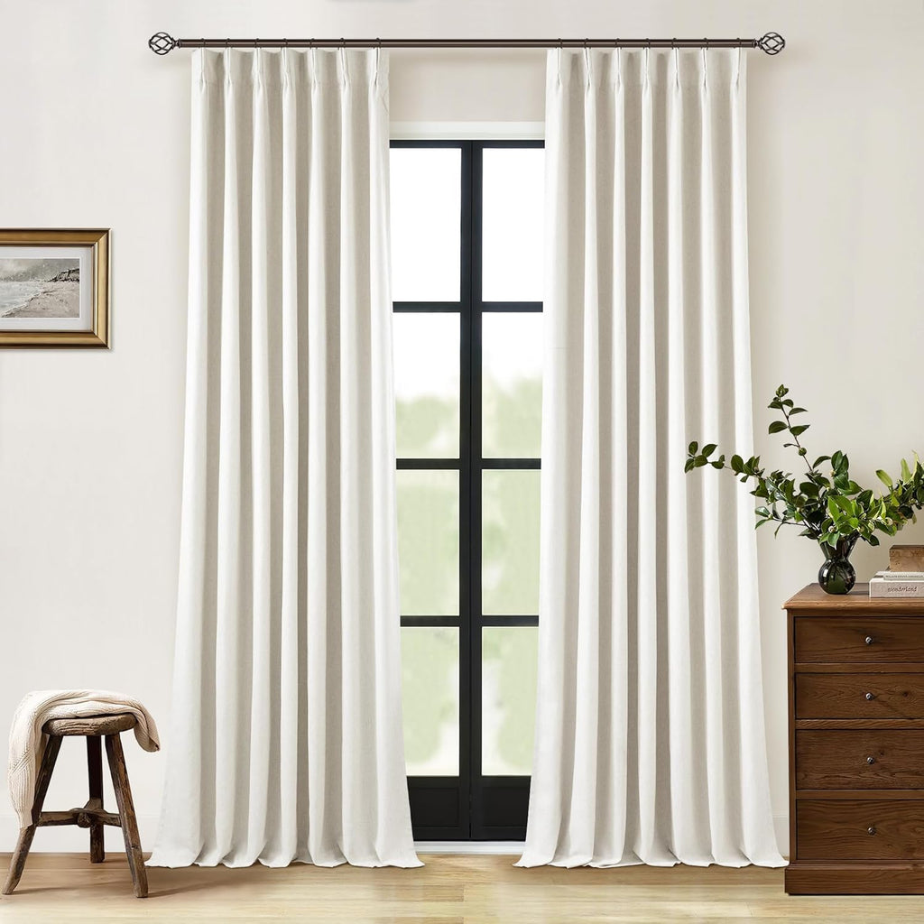 Pinch Pleated Linen Blackout Curtains 96 Inches Long for Living Room 2 Panel Set Cream Ivory 100% Black Out Pinch