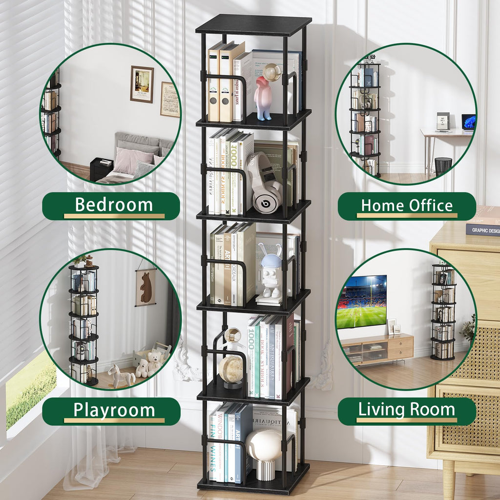 5-Tier Rotating Bookshelf, Freestanding Corner Bookshelf Industrial Style Storage Rack with Rails